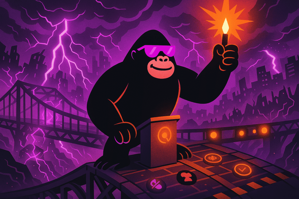 A confident gorilla stands on a cyber bridge amid storms, raising a blazing torch to light the path of vendor risk management across collapsing systems.