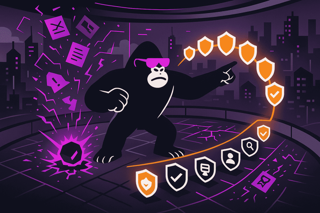 Gorilla commands a ring of glowing shields to block exploding threats and falling data, standing firm as security icons orbit in a high-rise control tower.