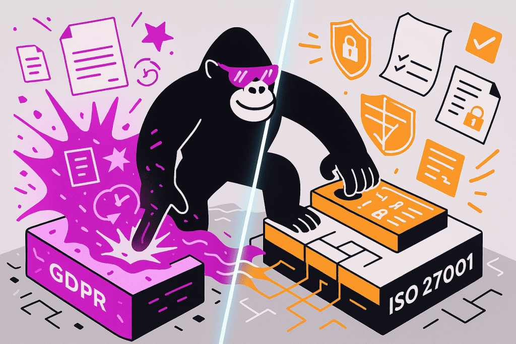 Gorilla in pink shades bridges GDPR and ISO 27001 blocks, activating both sides with vibrant compliance symbols in magenta and orange.