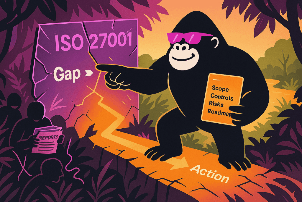 A confident gorilla in purple sunglasses stands at the edge of a jungle clearing, pointing toward a fractured stone wall labeled “ISO 27001” with a glowing crack labeled “Gap.” The gorilla holds an orange booklet titled “Scope, Controls, Risks, Roadmap,” and stands on a bright path labeled “Action,” leading out of the shadowy forest. Behind the wall, shadowy figures examine “Reports,” appearing lost or stuck in analysis. The imagery contrasts passive reporting with proactive action, symbolizing the transition from assessment to implementation in an ISO 27001 gap analysis journey.