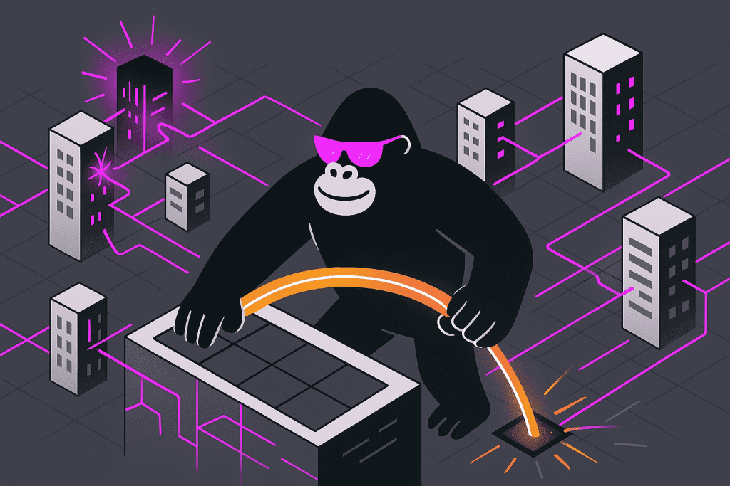 Gorilla reroutes glowing orange cables between buildings in a cyber city, repairing vendor network disruptions as magenta sparks mark compromised nodes.