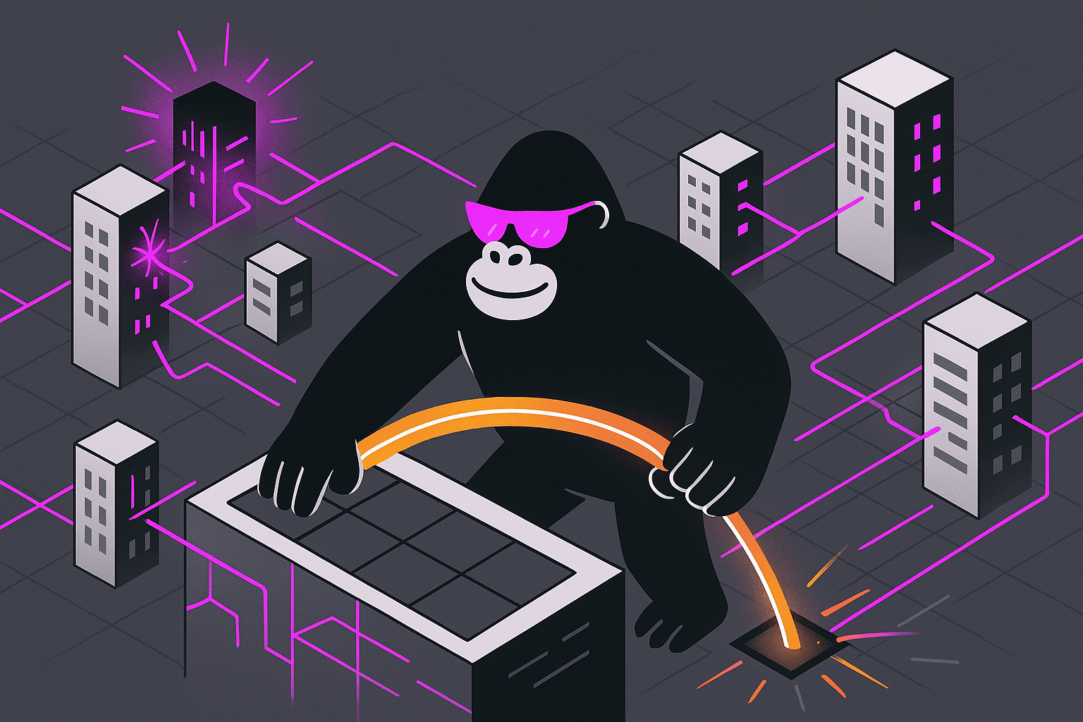 Gorilla reroutes glowing orange cables between buildings in a cyber city, repairing vendor network disruptions as magenta sparks mark compromised nodes.