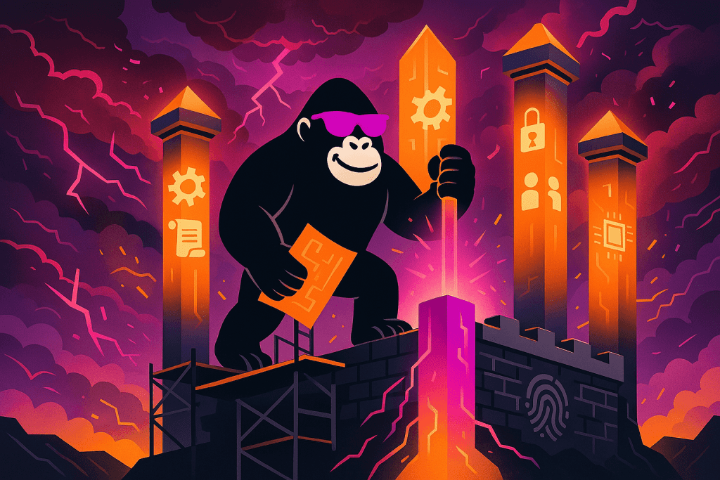 A stylized black gorilla wearing purple sunglasses stands on a stone platform, gripping a glowing orange column as it raises one of five towering, illuminated obelisks marked with icons for system configuration, documentation, access control, user management, and technical safeguards—all set against a stormy purple sky.