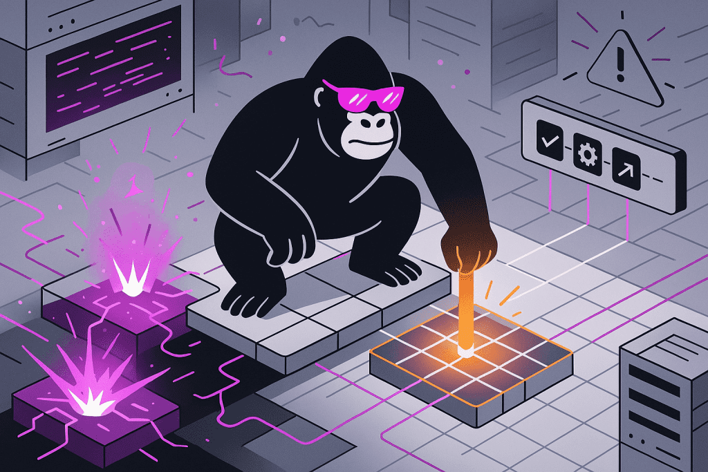 Gorilla repairs a damaged grid with a glowing orange tool, stabilizing systems as nearby tiles spark with failure, guided by icons for change management.