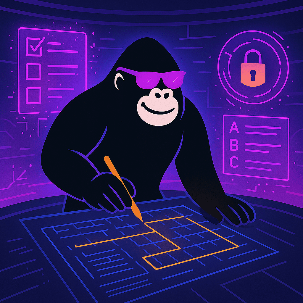 A stylized black gorilla wearing purple sunglasses leans over a glowing control table, drawing an orange path through a blue grid diagram with an orange stylus. Behind it, neon-purple holograms float: on the left, a checklist panel with a checked box, and on the right, an ABC list next to a circular lock icon—all set against a dark, circuit-patterned backdrop.
