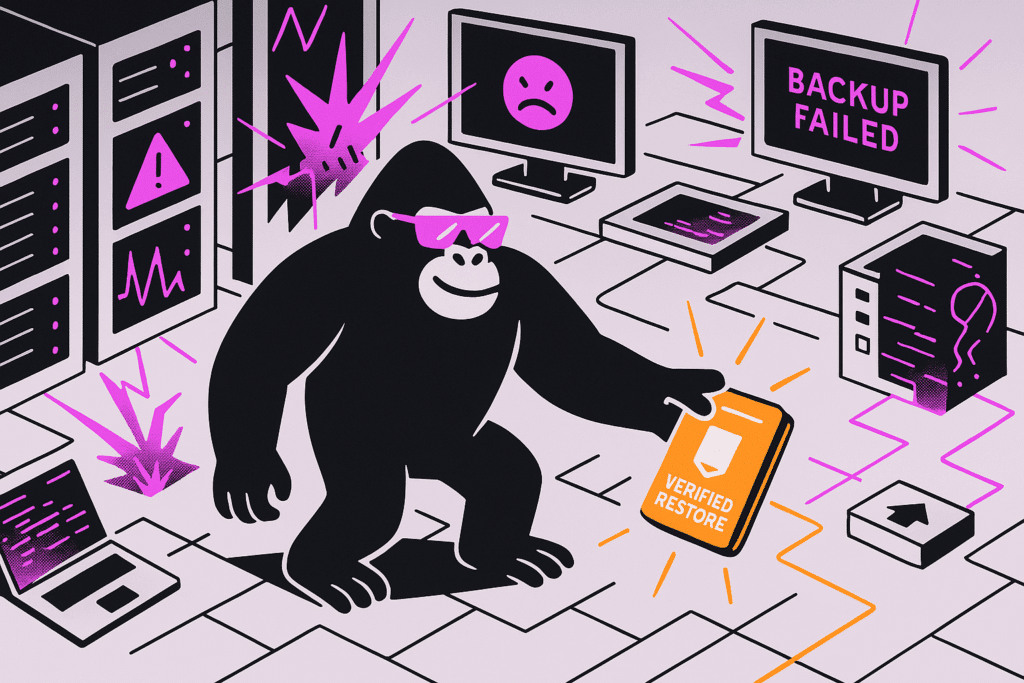 A determined gorilla wearing purple sunglasses stands in the center of a chaotic server room, holding a glowing orange device labeled “VERIFIED RESTORE.” Surrounding him are malfunctioning systems: computer screens display warnings like “BACKUP FAILED” and a sad face icon, while server racks flash with error indicators and data spikes. Magenta lightning bolts and digital glitches emphasize the disruption. Despite the digital crisis, the gorilla appears calm and in control, symbolizing the success of a verified recovery process amid system failure. The scene is bathed in purples and oranges, evoking urgency and resilience.