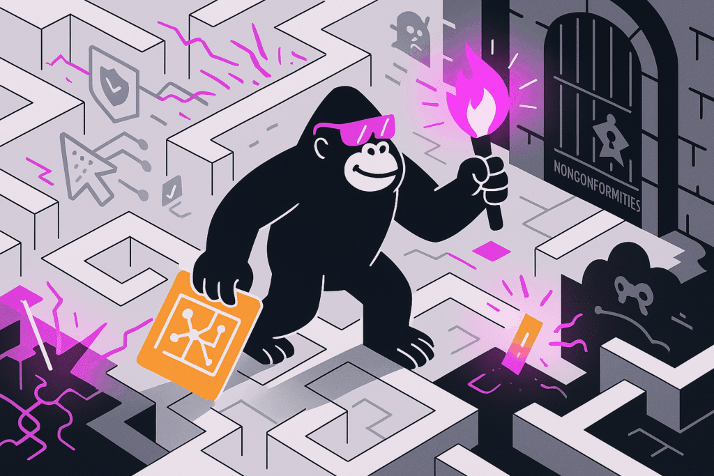 A gorilla with a torch and blueprint navigates a cybersecurity maze, hunting nonconformities—symbolizing an ISO 27001 compliance audit in action.