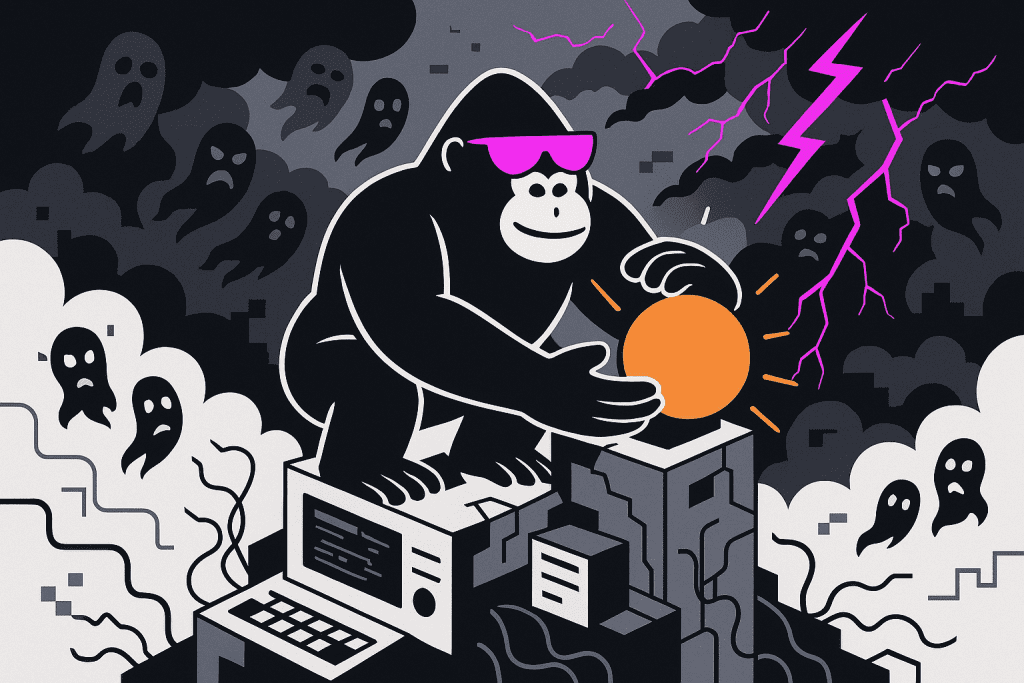 A confident black gorilla wearing purple sunglasses kneels on a cracked stone pedestal topped with a glowing orange sphere. Smoke and ghostly wraiths swirl in the dark sky above, streaked with purple lightning. At the gorilla’s feet sits a vintage computer terminal beside stacked data crates, all perched atop a crumbling digital grid. The gorilla’s hands cradle the bright orange orb as if activating or safeguarding the ISO 27001 Annex A controls list, restoring light amid the surrounding chaos of leaking circuitry and spectral threats.