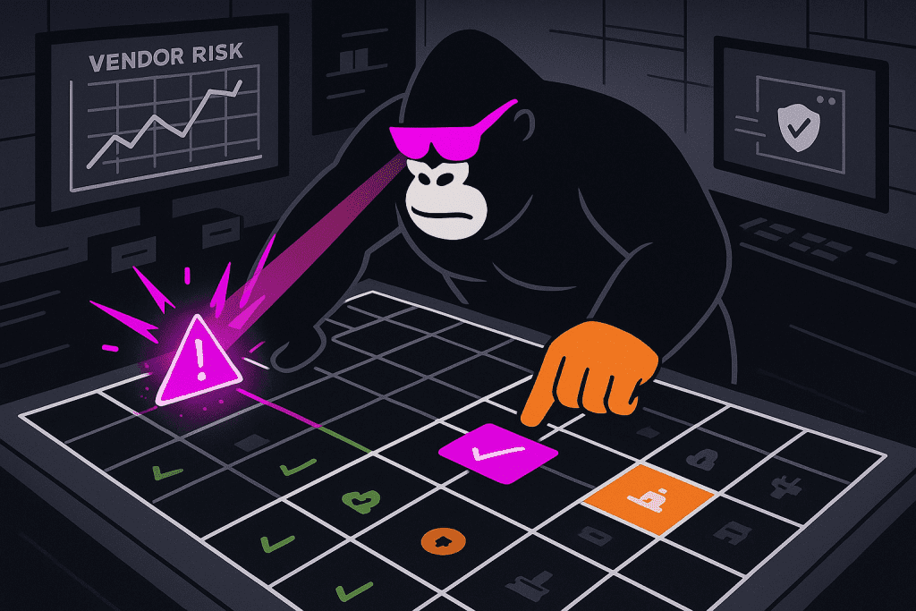 Gorilla in dark command center analyzes vendor risk on a grid, using laser focus and orange gloves to flag issues and confirm controls for compliance gaps.