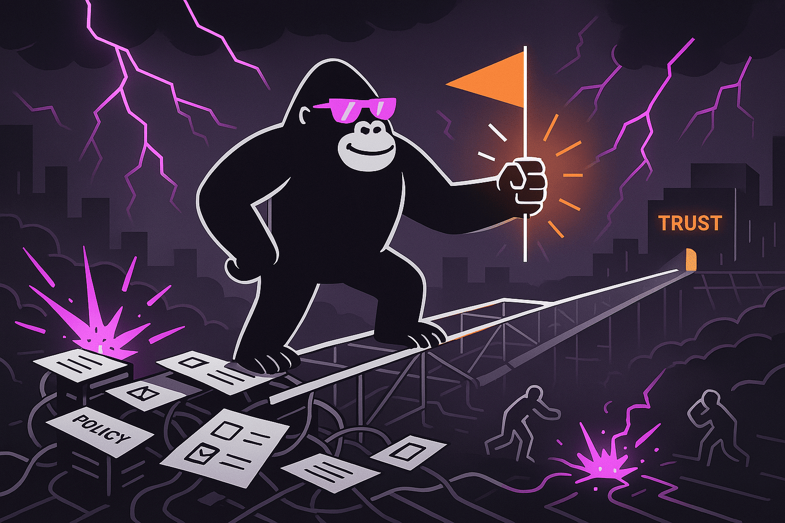 Gorilla walks a narrow bridge built on policies and checklists, holding a flag, heading toward a glowing “TRUST” door in a stormy digital landscape.