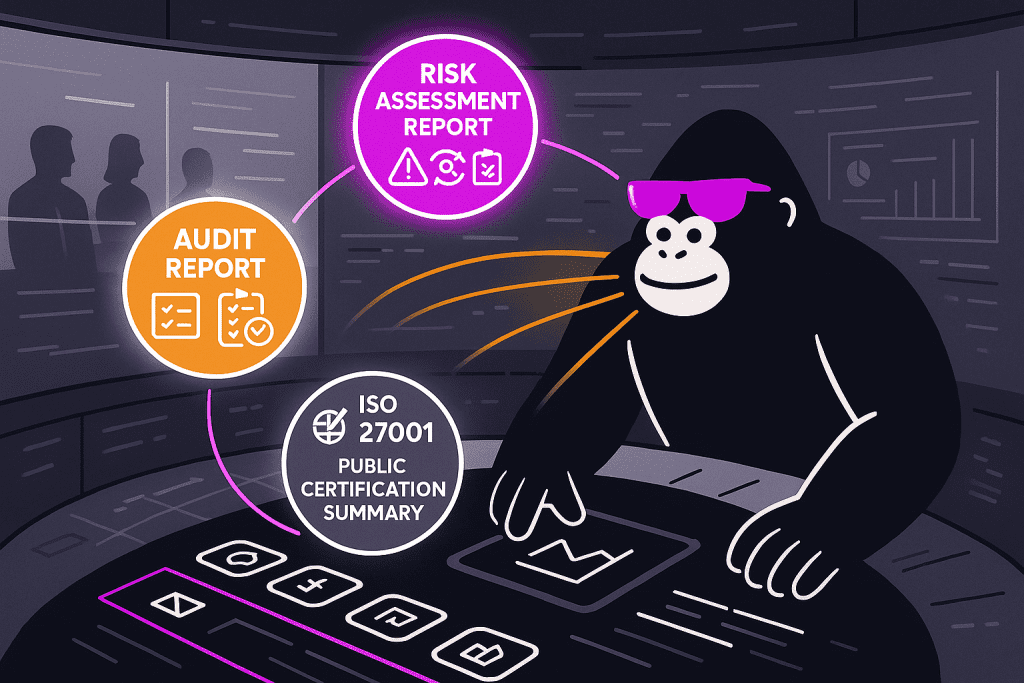 Gorilla analyzes a digital dashboard, linking risk assessment, audit, and ISO 27001 certification data in a high-tech control room with observers nearby.