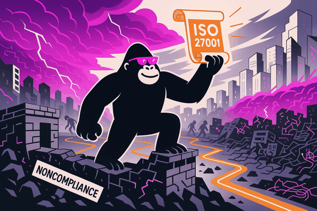 A stylized black gorilla wearing purple sunglasses strides confidently across cracked rubble labeled “NONCOMPLIANCE,” holding aloft a glowing scroll that reads “ISO 27001.” Behind it, a dark city skyline looms under swirling purple storm clouds and lightning, while an orange pathway winds toward a brighter horizon.