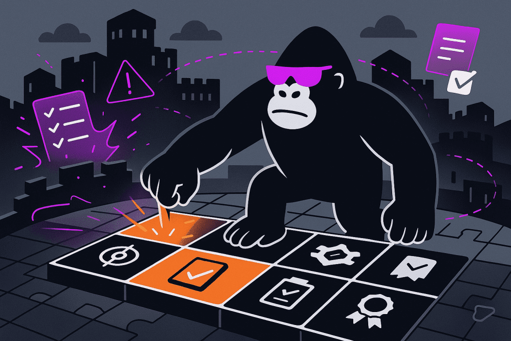 Gorilla taps a glowing checkbox on a grid of compliance icons, stabilizing a dark fortress city as checklists and warnings swirl through the air around him.