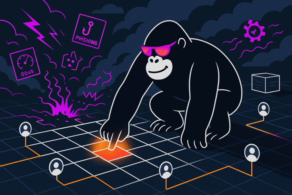A sleek, stylized black gorilla wearing purple sunglasses crouches over a dark grid floor and presses a glowing orange-red square with one finger. Around it, thin orange lines connect to user-profile icons at the grid’s edges. In the background, swirling dark clouds and purple lightning conceal icons for threats like “Phishing” (a fishing hook), “DDoS” (a speedometer), and other risk symbols, while a lone cube floats behind the gorilla.