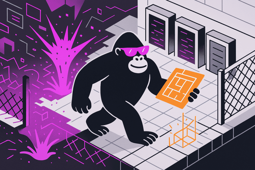 A confident gorilla wearing purple sunglasses strides through a secure facility, holding an orange clipboard with a floor plan or scope diagram. Behind a wire fence, glowing magenta data bursts erupt from a chaotic digital environment, contrasting with the neat, tiled floor of the secure area. In the background, server racks stand upright, illuminated by subtle purple highlights. A glowing isometric wireframe model appears in front of the gorilla, symbolizing digital planning or architectural scoping. The image conveys control, strategy, and security in a tech-heavy environment, emphasizing planning within chaotic digital landscapes.