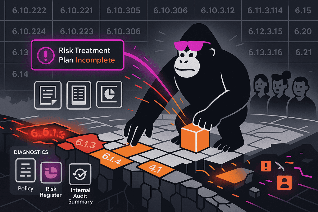 A gorilla fills missing ISO 27001 control blocks while an alert reads “Risk Treatment Plan Incomplete,” highlighting compliance gaps and urgency.