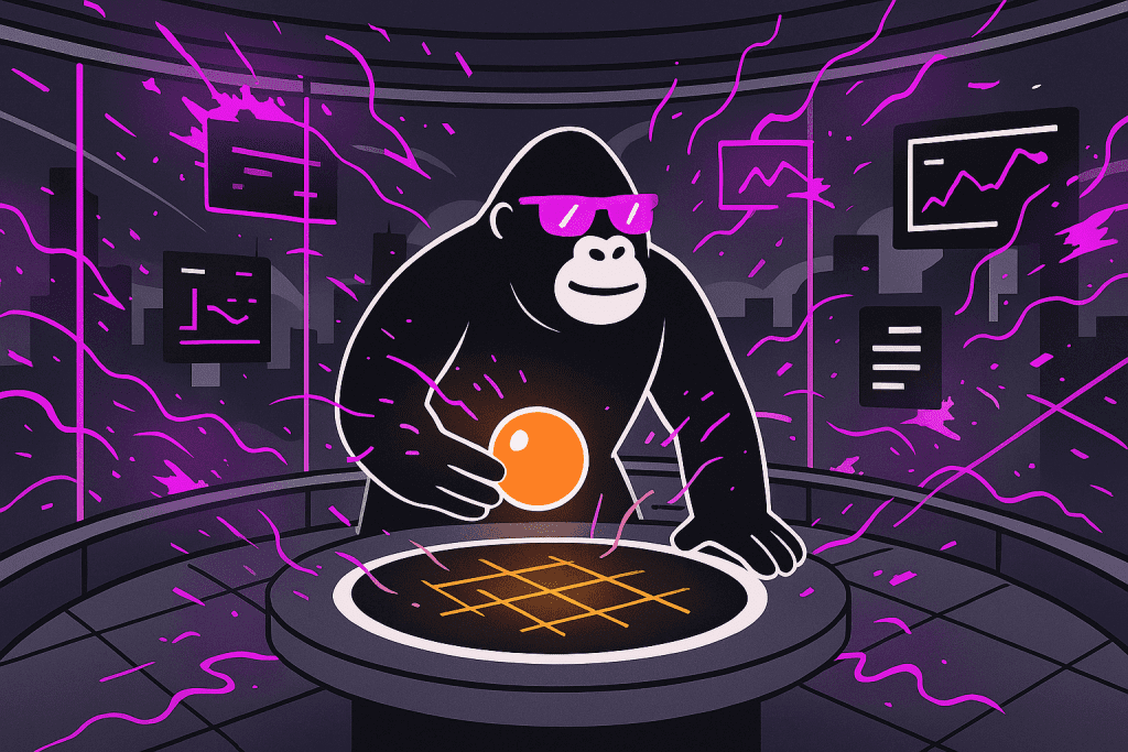 Gorilla in a control room places an orange sphere on a glowing grid as data swirls around, symbolizing control and analysis during a surveillance audit.