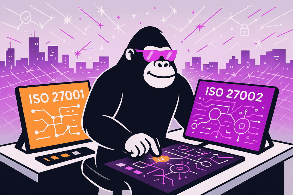 A gorilla navigates between ISO 27001 and ISO 27002 systems, orchestrating security controls with precision under a starry cyber skyline.