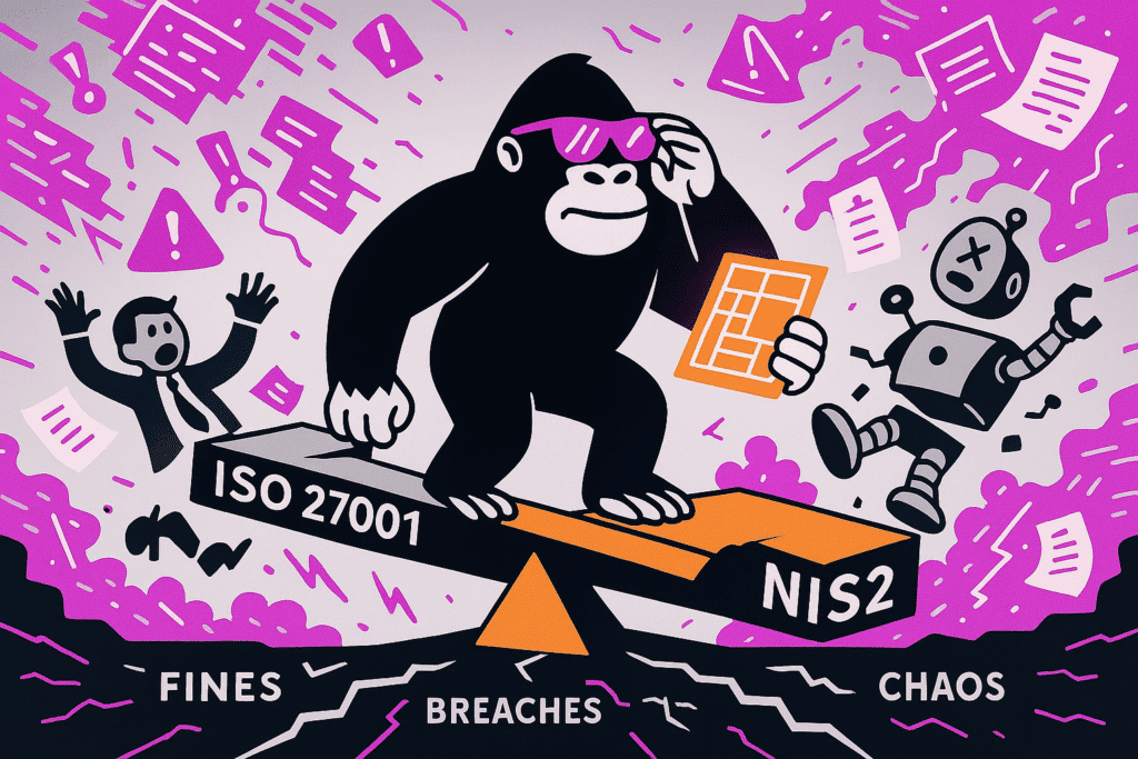 Gorilla balances ISO 27001 and NIS2 on a seesaw amid chaos, holding a risk matrix above “Fines,” “Breaches,” and “Chaos” zones.