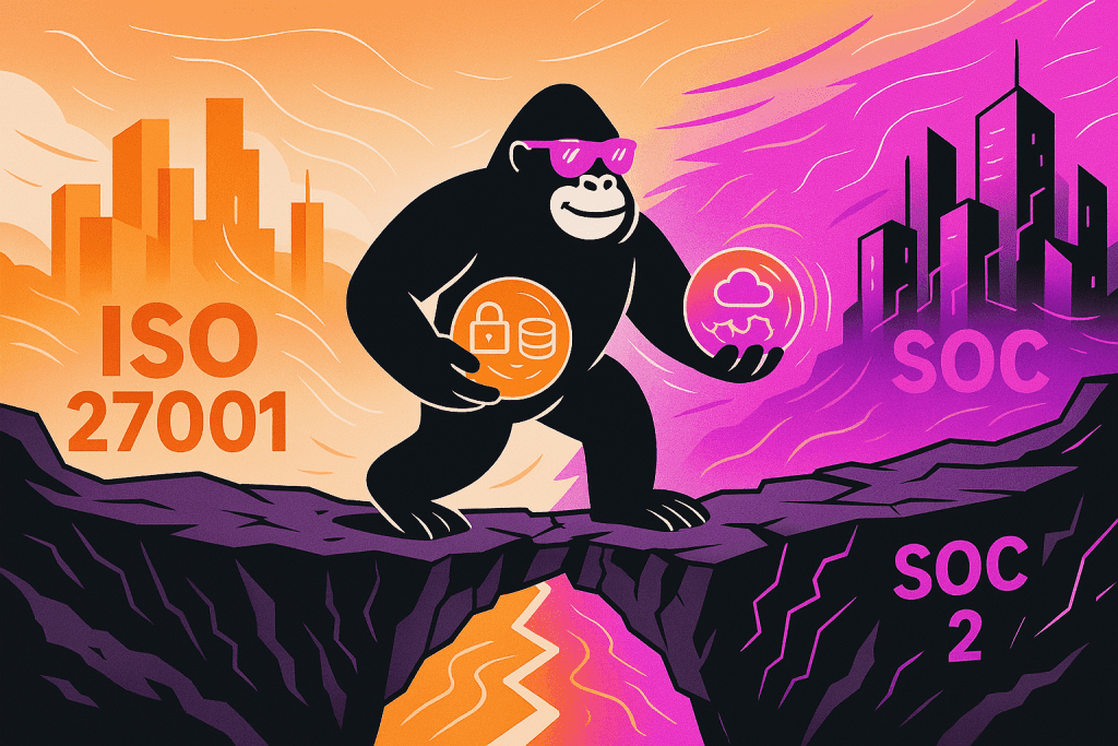 A gorilla balances between ISO 27001 and SOC 2 worlds, holding symbols of data security and cloud compliance over a chasm of risk.