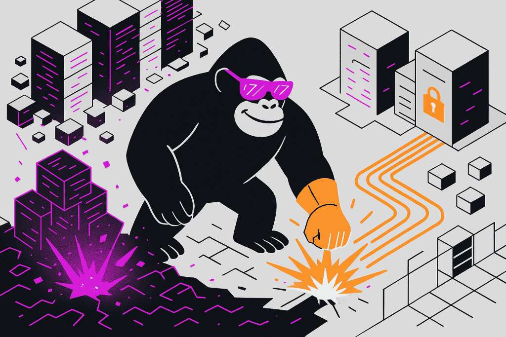 Gorilla with orange glove repairs a broken digital path between chaotic data stacks and secure storage, restoring flow to a locked system infrastructure.