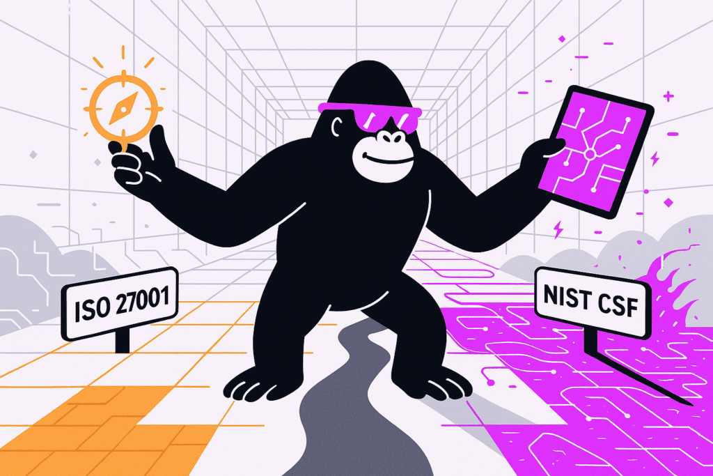 A confident gorilla navigates between ISO 27001 and NIST CSF paths, holding a compass and tablet—symbolizing guidance through cybersecurity frameworks.