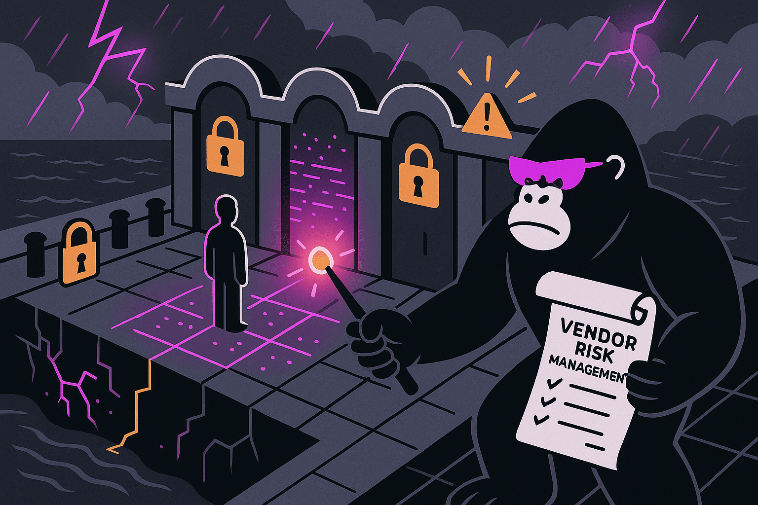 A stern gorilla enforces vendor entry at a stormy fortress gate, wielding a checklist wand to verify risk controls before access is granted.