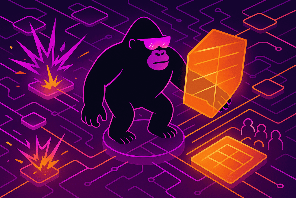 Gorilla holds a glowing shield while standing on a digital circuit, protecting people and systems from cyber explosions erupting across the network path.