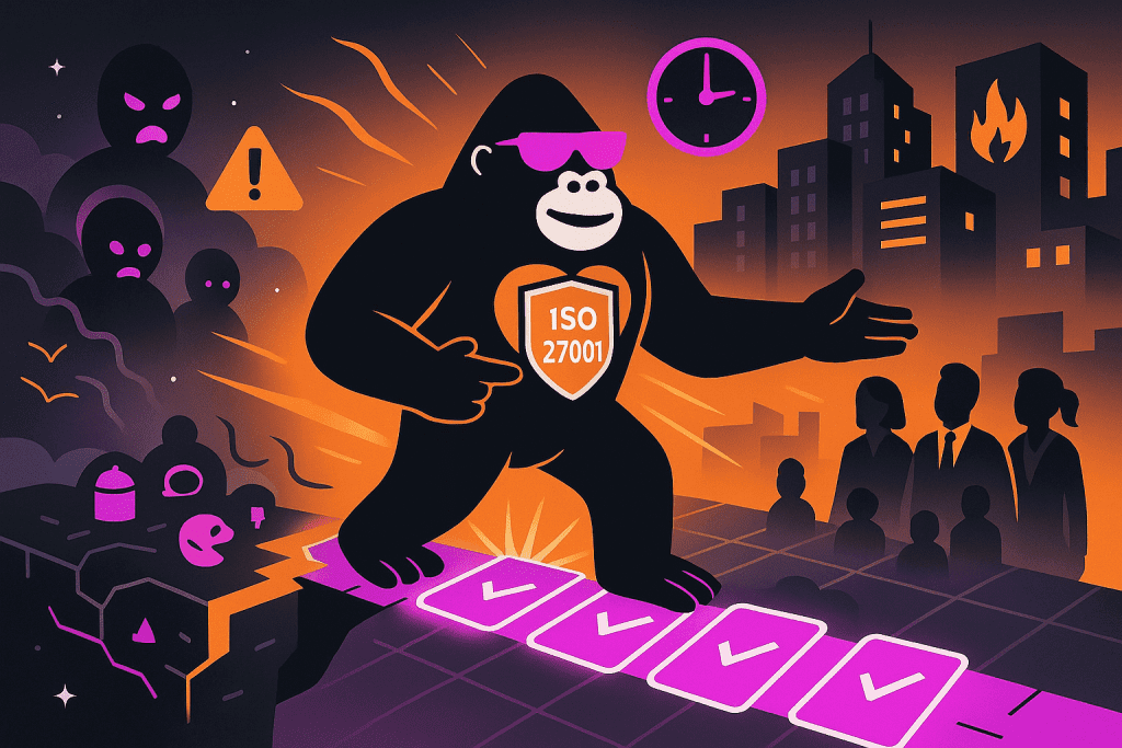 Gorilla with ISO 27001 shield walks a path of checkmarks from cyber threats toward a city and people, protecting against chaos and securing resilience.