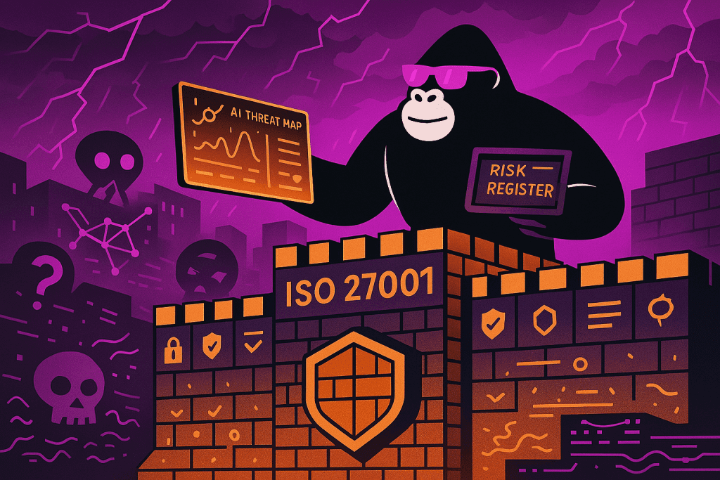 Gorilla defends an ISO 27001 fortress, holding an AI threat map and risk register as digital skulls and threats loom outside in a stormy cyber landscape.