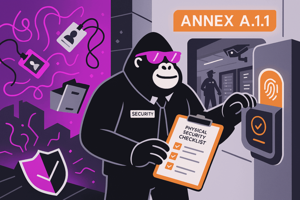 A security guard gorilla wearing purple sunglasses and a badge labeled “SECURITY” stands by a fingerprint reader at a secured doorway marked “ANNEX A.1.1.” He holds a clipboard titled “PHYSICAL SECURITY CHECKLIST” with checked boxes. To the left, swirling purple lines and floating ID badges, files, and a shield icon suggest unsecured chaos, while through the doorway a guard, server racks, and a surveillance camera sit in a controlled, secure room.