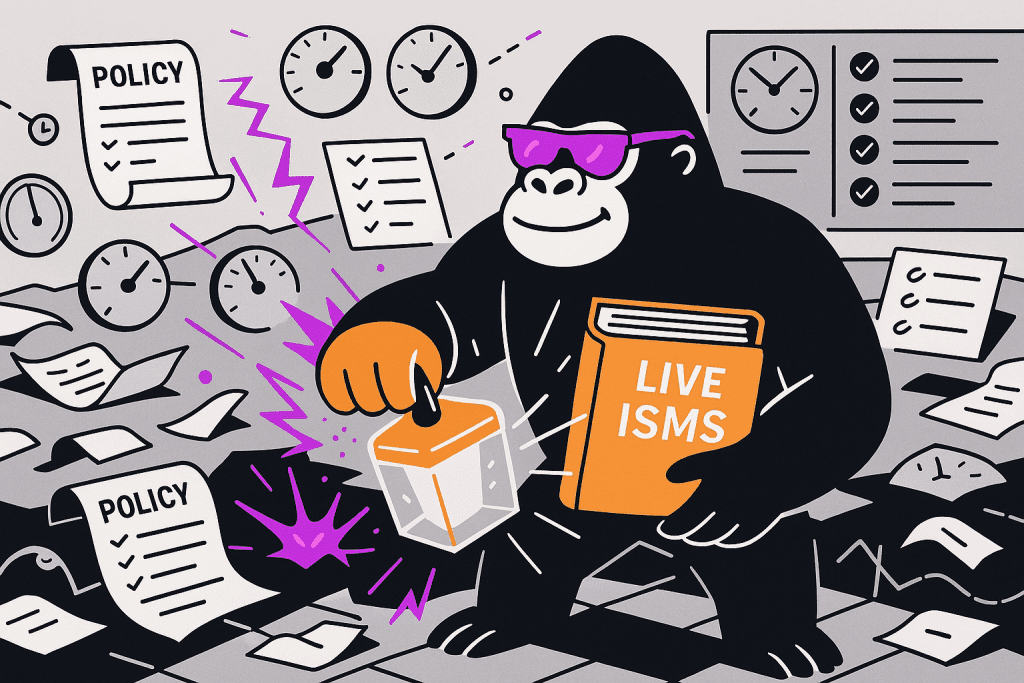 Gorilla with “LIVE ISMS” book stamps approval amid swirling policies and ticking clocks, transforming chaos into structured ISO 27001 compliance.