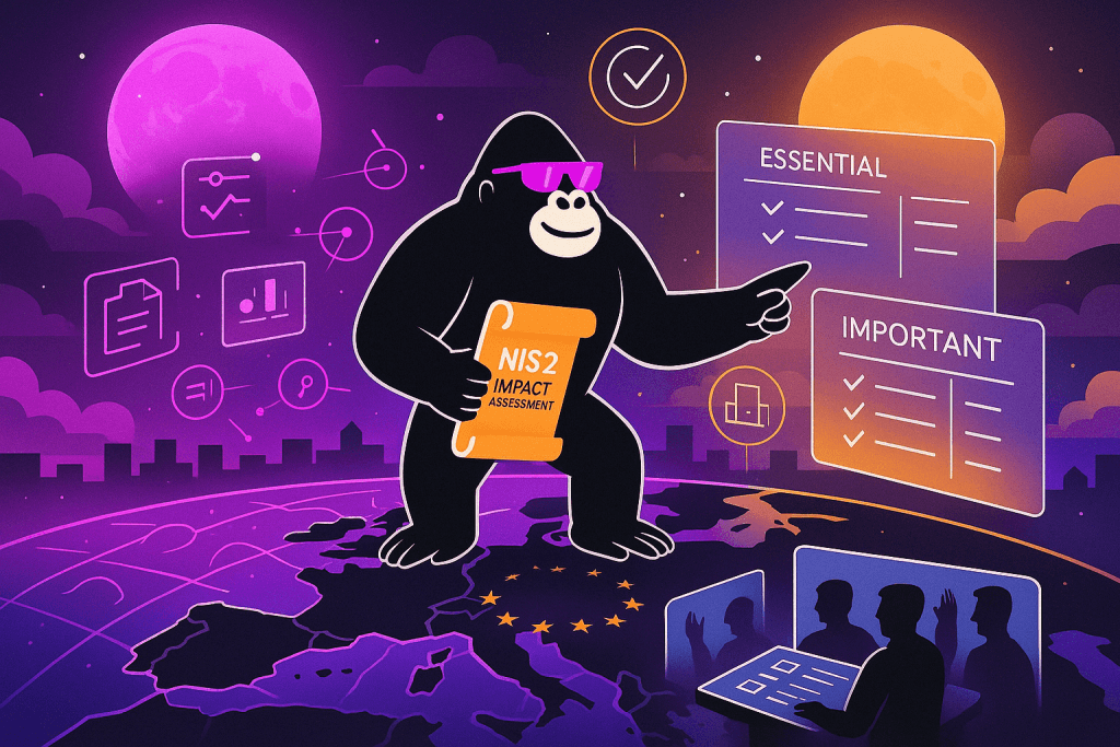 Gorilla in pink sunglasses holds a “NIS2 Impact Assessment” scroll, standing over Europe, pointing at essential and important checklist panels under twin moons.
