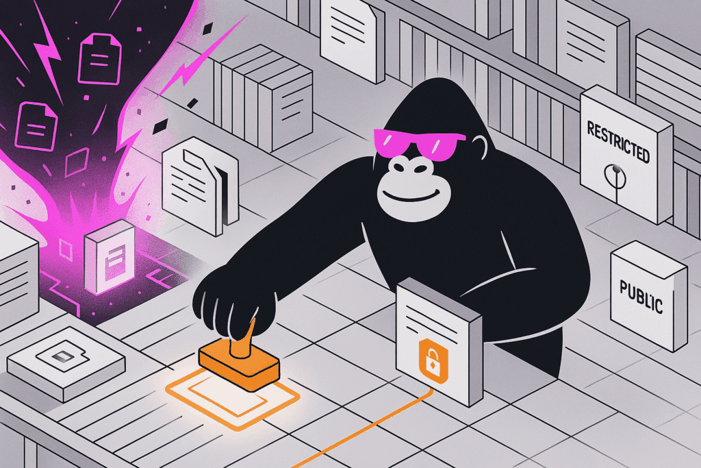 Gorilla stamps a document with a security label in a file room, organizing data into “RESTRICTED” and “PUBLIC” areas amid digital chaos on the left.