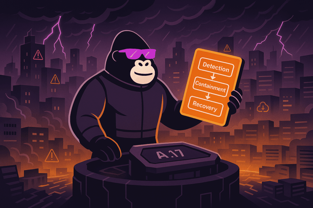 Gorilla in hoodie and pink sunglasses stands over a stormy city holding a “Detection–Containment–Recovery” tablet atop an “A.17” disaster recovery vault.