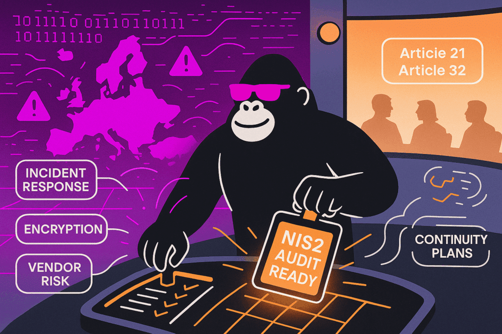 Gorilla in pink sunglasses holds “NIS2 Audit Ready” clipboard while managing cybersecurity measures on a map of Europe, with alert icons and compliance terms.