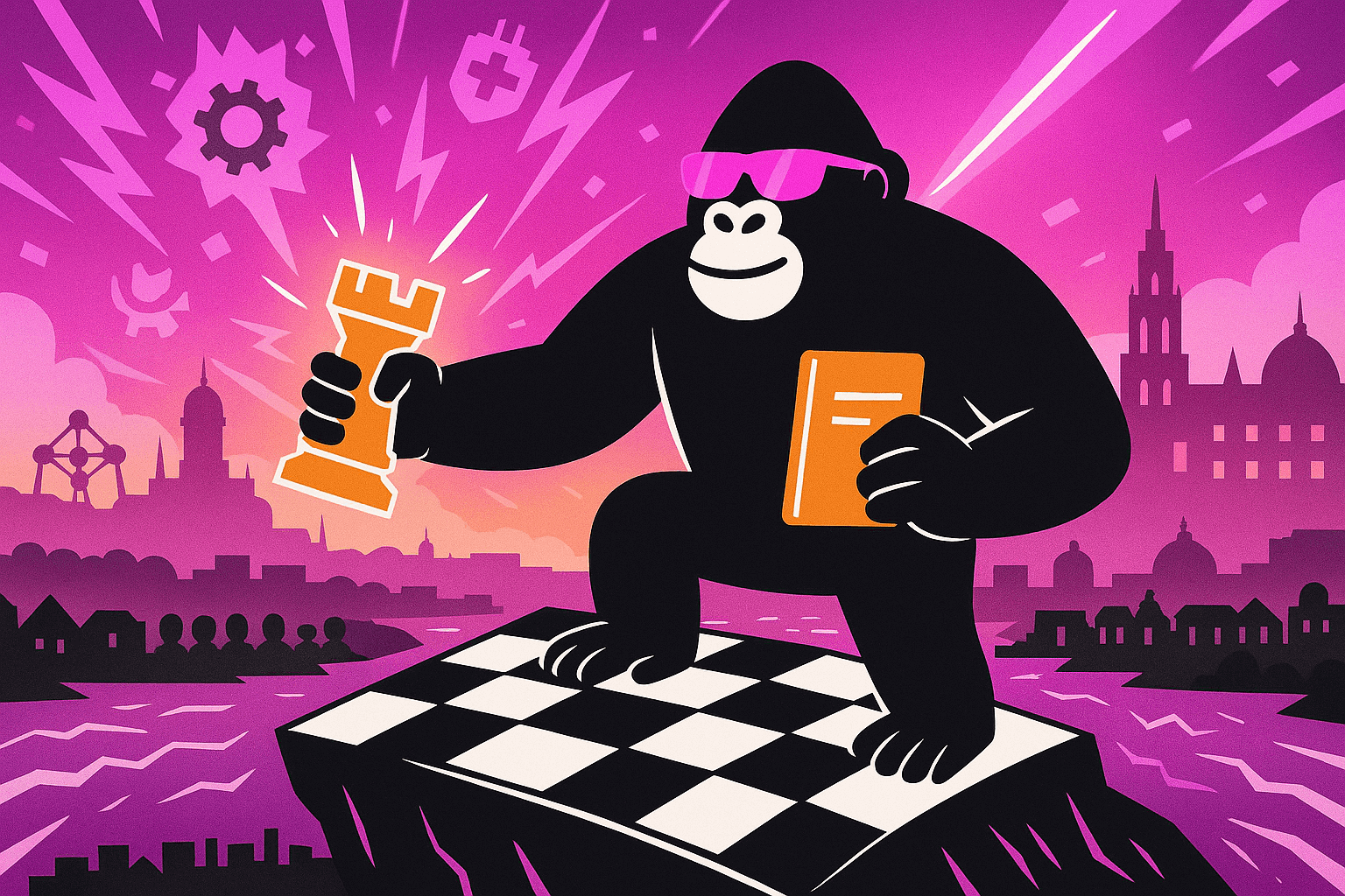 Gorilla holding a chess rook and document stands on a chessboard platform over water, with Belgian cityscape behind and symbols of cybersecurity above.