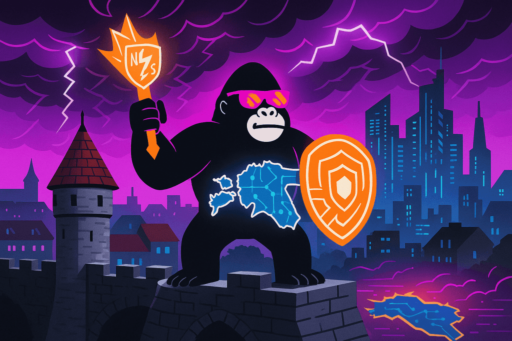 A gorilla on a medieval bridge holds a blazing NIS2 torch and a shield, with Estonia's map glowing on his chest—symbolizing national cyber defense power.