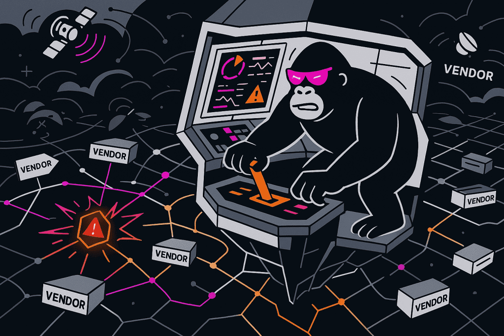Gorilla in pink sunglasses controls a space-station-like console, managing a vendor network with a red alert at the center, surrounded by satellites and clouds.