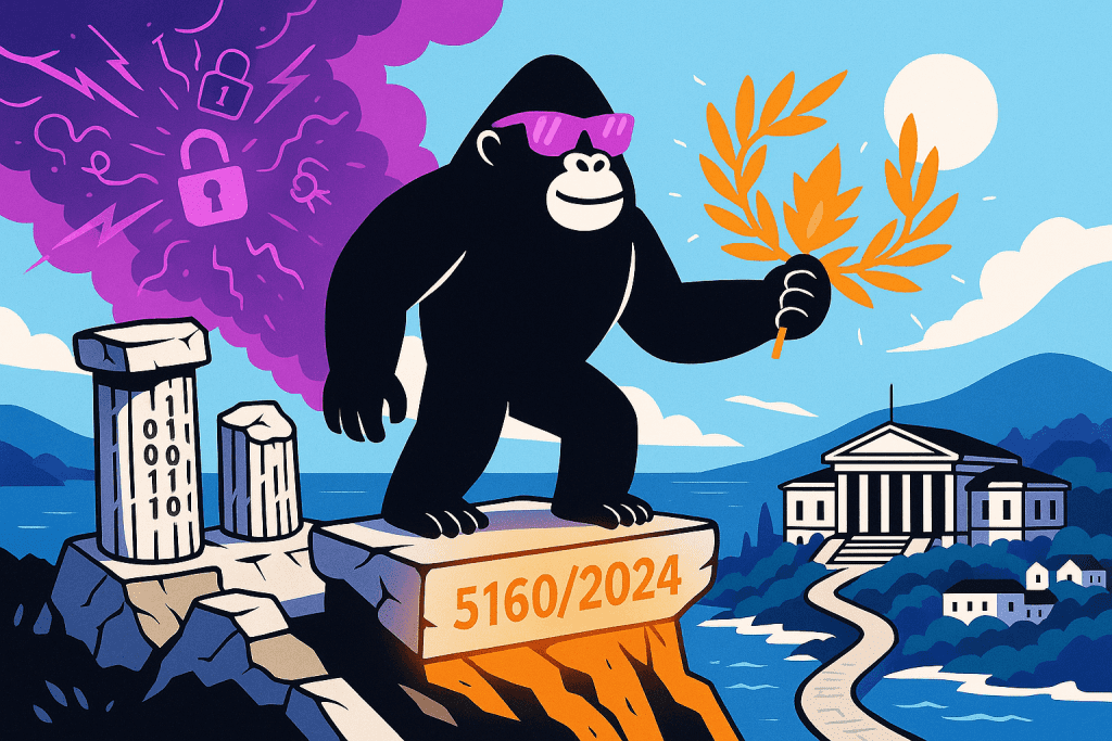 Gorilla with laurel branch atop a stone labeled "5160/2024," overlooking ancient Greek columns and a government building—symbolizing NIS2 in Greece.