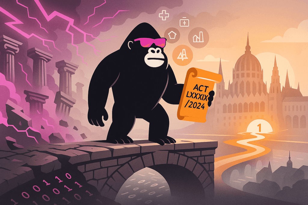 A gorilla wearing sunglasses holds “Act LXXXIX/2024” on a cracked bridge, with Hungary’s Parliament in the background and icons for key sectors above.