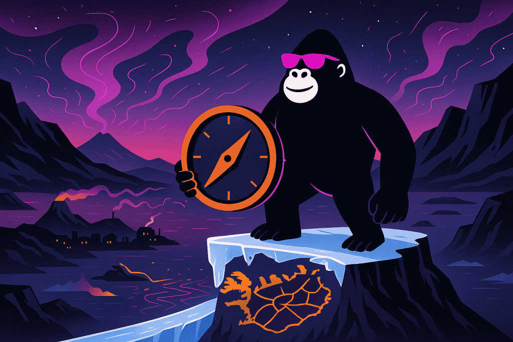 A gorilla in sunglasses stands on an icy cliff in Iceland, holding a compass under northern lights, with a glowing map of Iceland carved in ice.