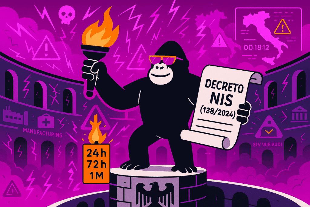 Gorilla in pink glasses stands in a Roman arena holding a torch and Italy’s NIS decree, surrounded by alerts, lightning, and industry icons on a purple backdrop.