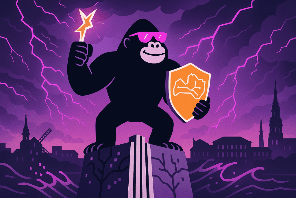 A gorilla stands atop a monument, holding a spark and a shield with Latvia's map, against a stormy skyline—symbolizing NIS2 cybersecurity enforcement.