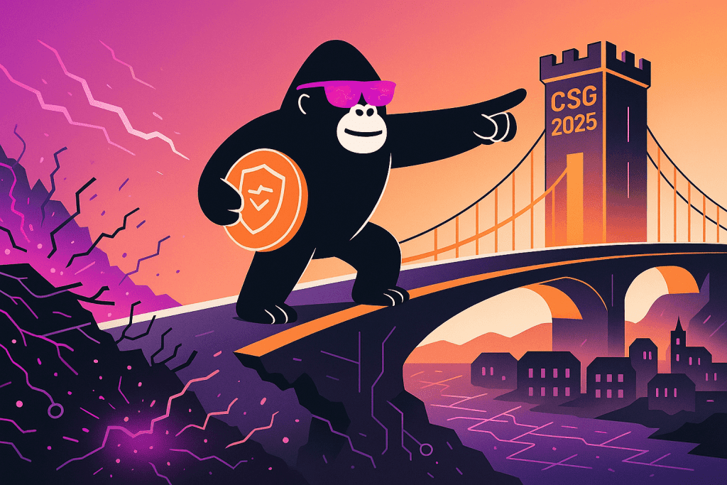 A gorilla with a security shield strides across a crumbling bridge toward a fortified tower labeled "CSG 2025," symbolizing NIS2 resilience in Liechtenstein.