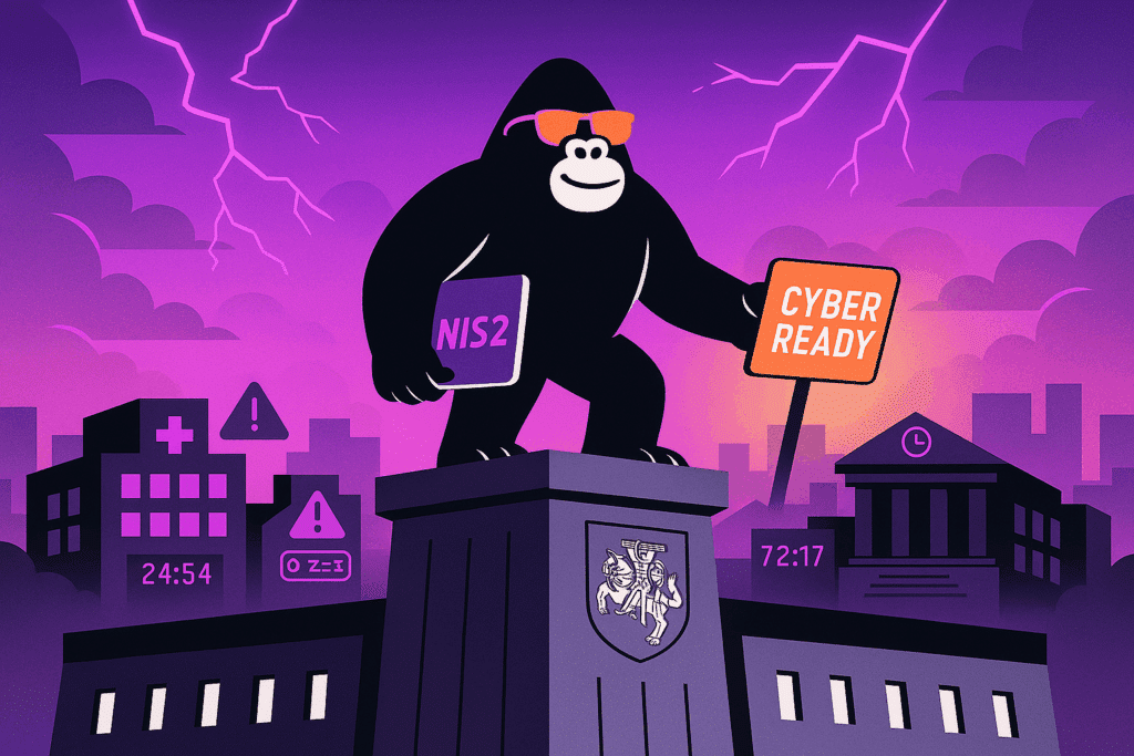 Gorilla in orange glasses holds a NIS2 tablet and “Cyber Ready” sign atop a Lithuanian government building, with warning signals lighting up the stormy city.