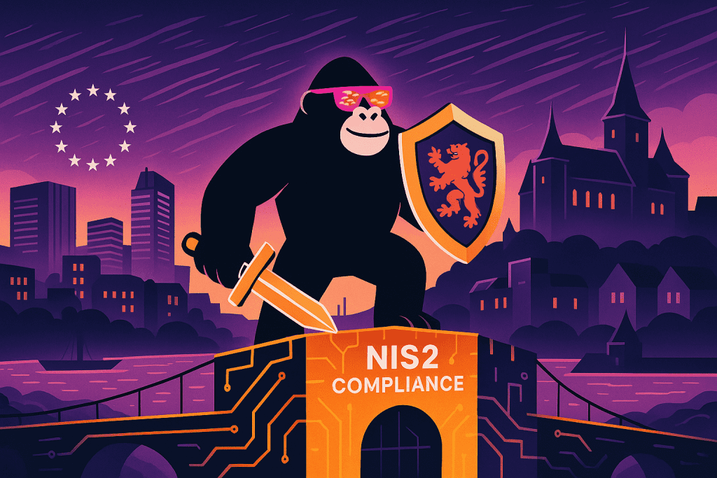 A gorilla wielding a sword and lion-crested shield stands atop a digital bridge marked "NIS2 Compliance," symbolizing Luxembourg’s cybersecurity readiness.