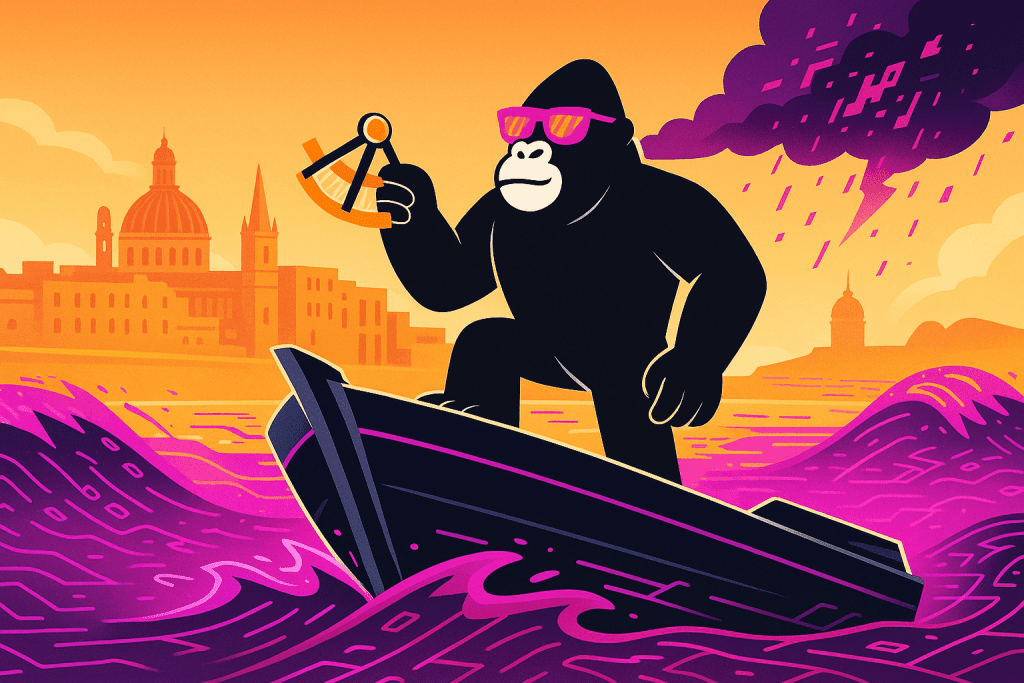 A gorilla in sunglasses stands on a boat holding a sextant, navigating purple digital waves near Malta’s skyline with a storm cloud in the background.