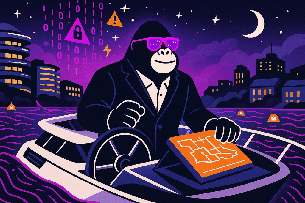 A gorilla in a suit and sunglasses pilots a boat at night through a digital cityscape, holding a cybersecurity map, with binary code and alerts overhead.