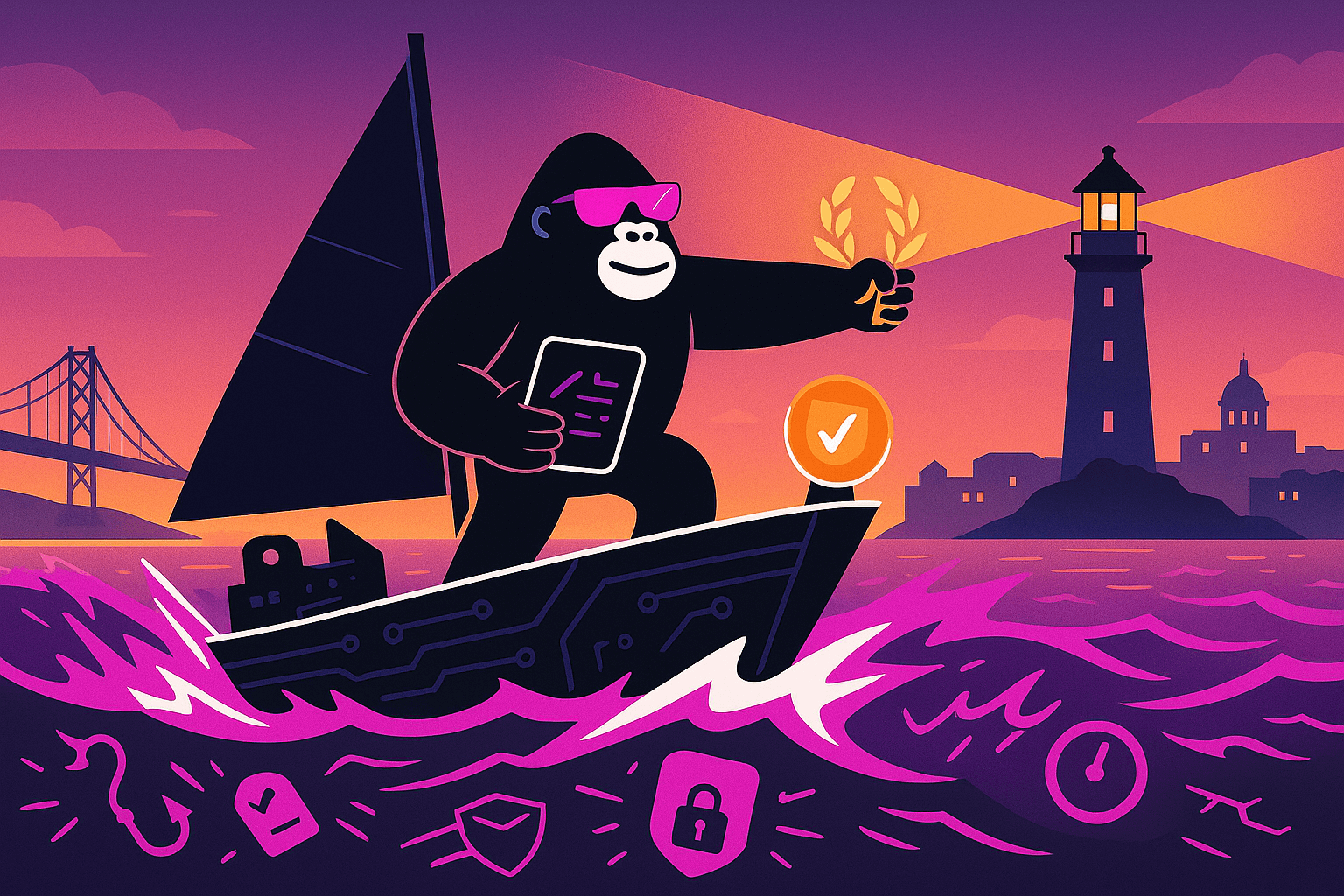 Gorilla sailing a tech-themed boat toward a lighthouse, holding a cybersecurity certificate—symbolizing NIS2 directive compliance in Portugal.
